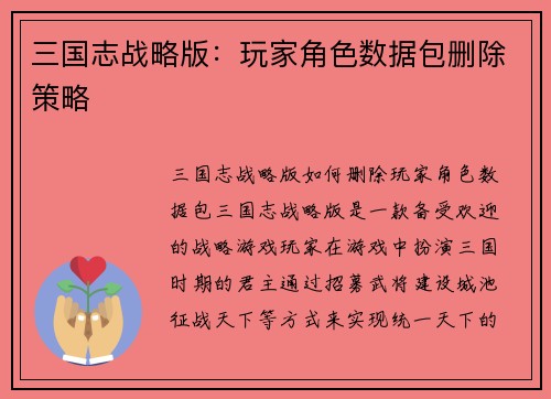 三国志战略版：玩家角色数据包删除策略